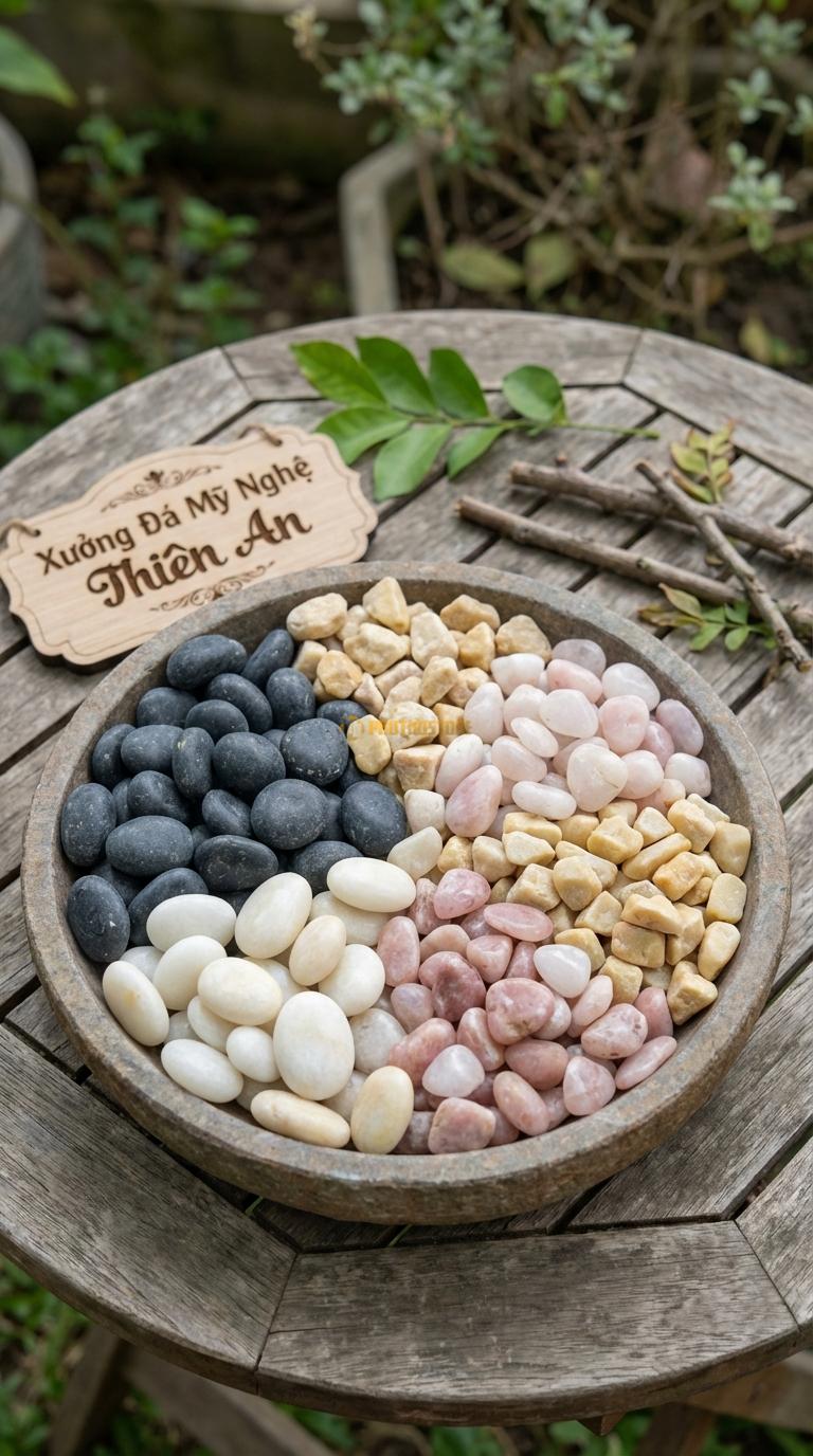 Sỏi Mix 4 loại sỏi đen quay, Trắng quay, Hồng quay, Vàng quay Tỉ lệ (40, 25, 20, 15). Size 1-2cm