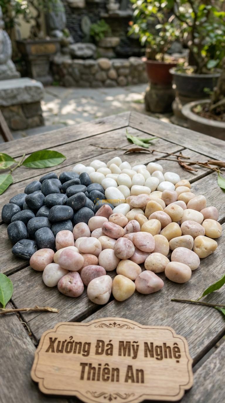 Sỏi Mix 4 loại sỏi đen quay, Trắng quay, Hồng quay, Vàng quay Tỉ lệ (30, 30, 25, 15). Size 1-2cm