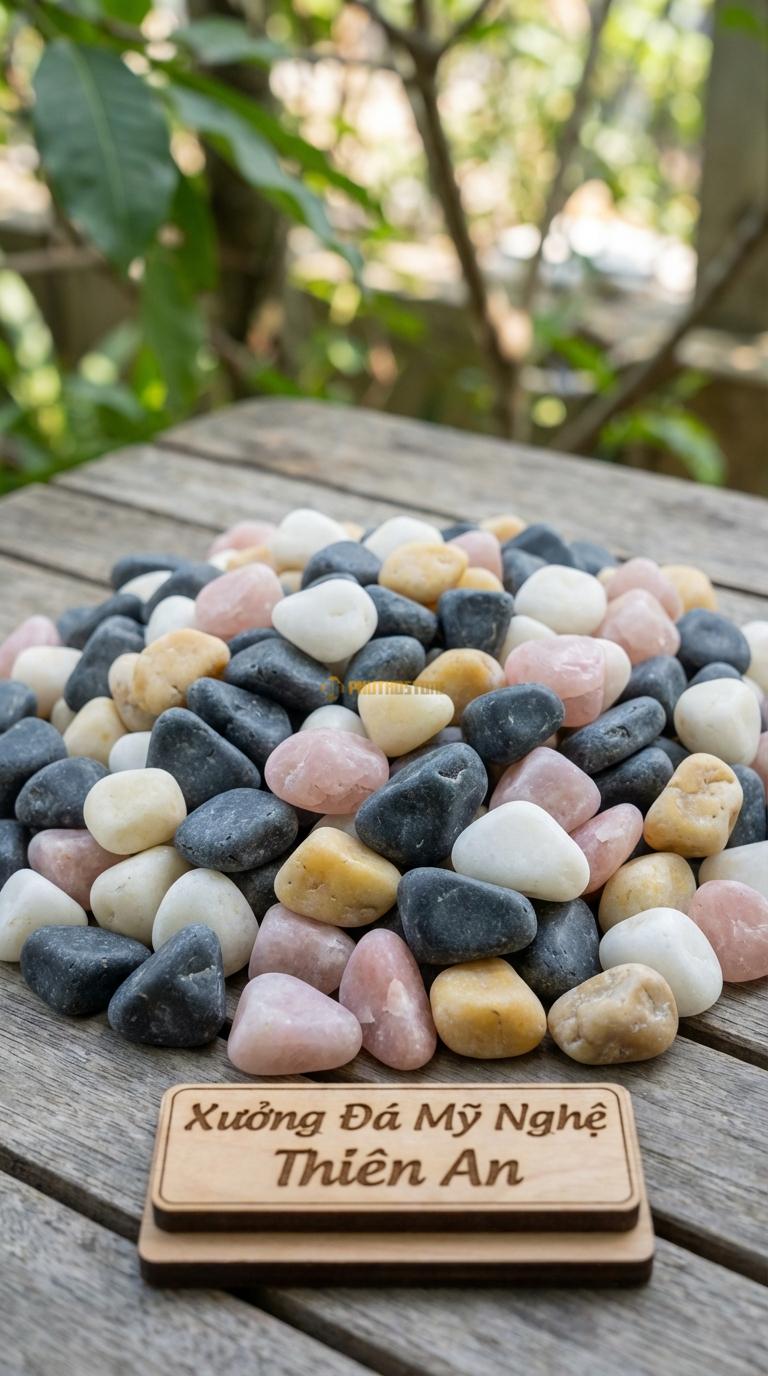 Sỏi Mix 4 loại sỏi đen quay, Trắng quay, Hồng quay, Vàng quay Tỉ lệ (45, 20, 20, 15). Size 1-2cm