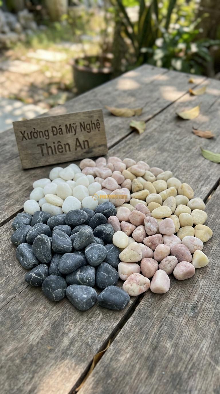 Sỏi Mix 4 loại sỏi đen quay, Trắng quay, Hồng quay, Vàng quay Tỉ lệ (35, 25, 25, 15). Size 2-3cm
