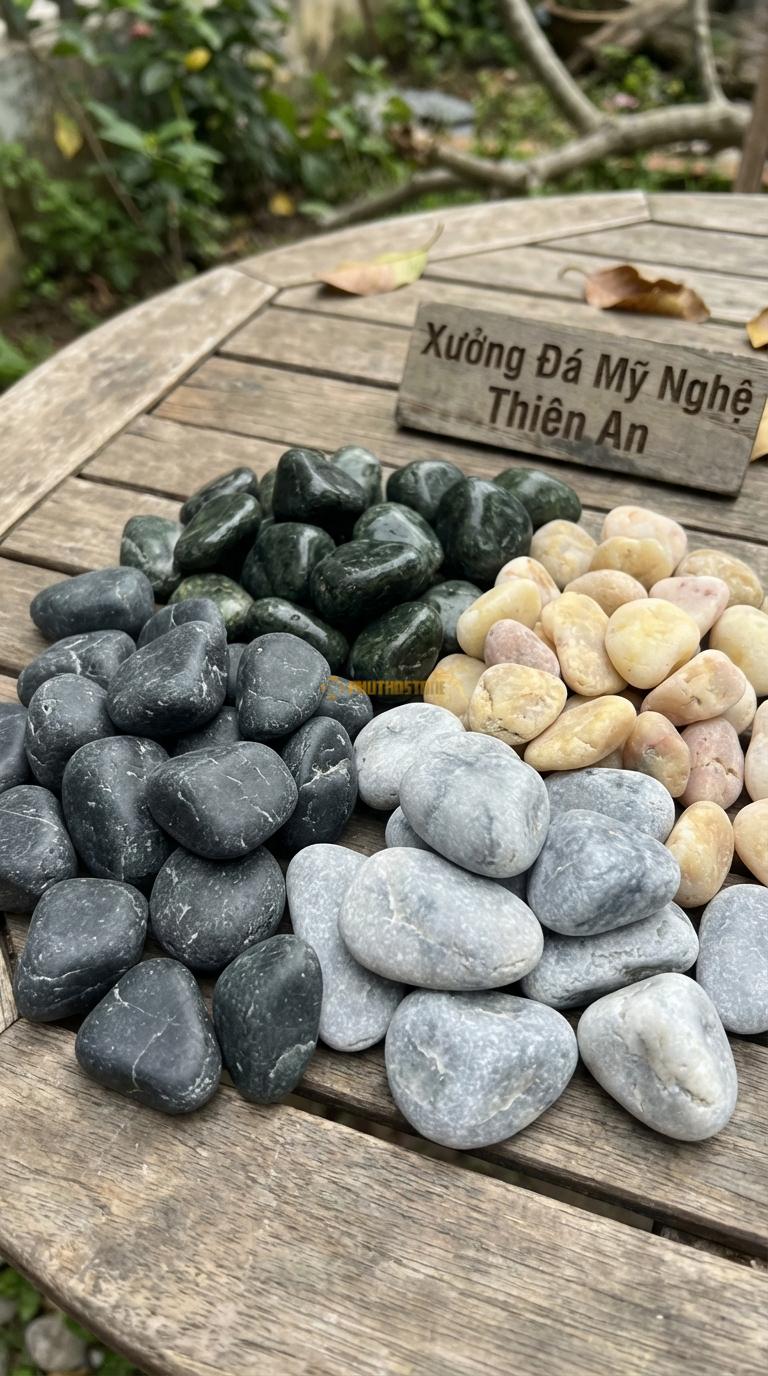 Sỏi Mix 4 loại sỏi đen quay, Xanh rêu, Ghi xám quay, Vàng quay Tỉ lệ (35, 25, 25, 15). Size 3-5cm
