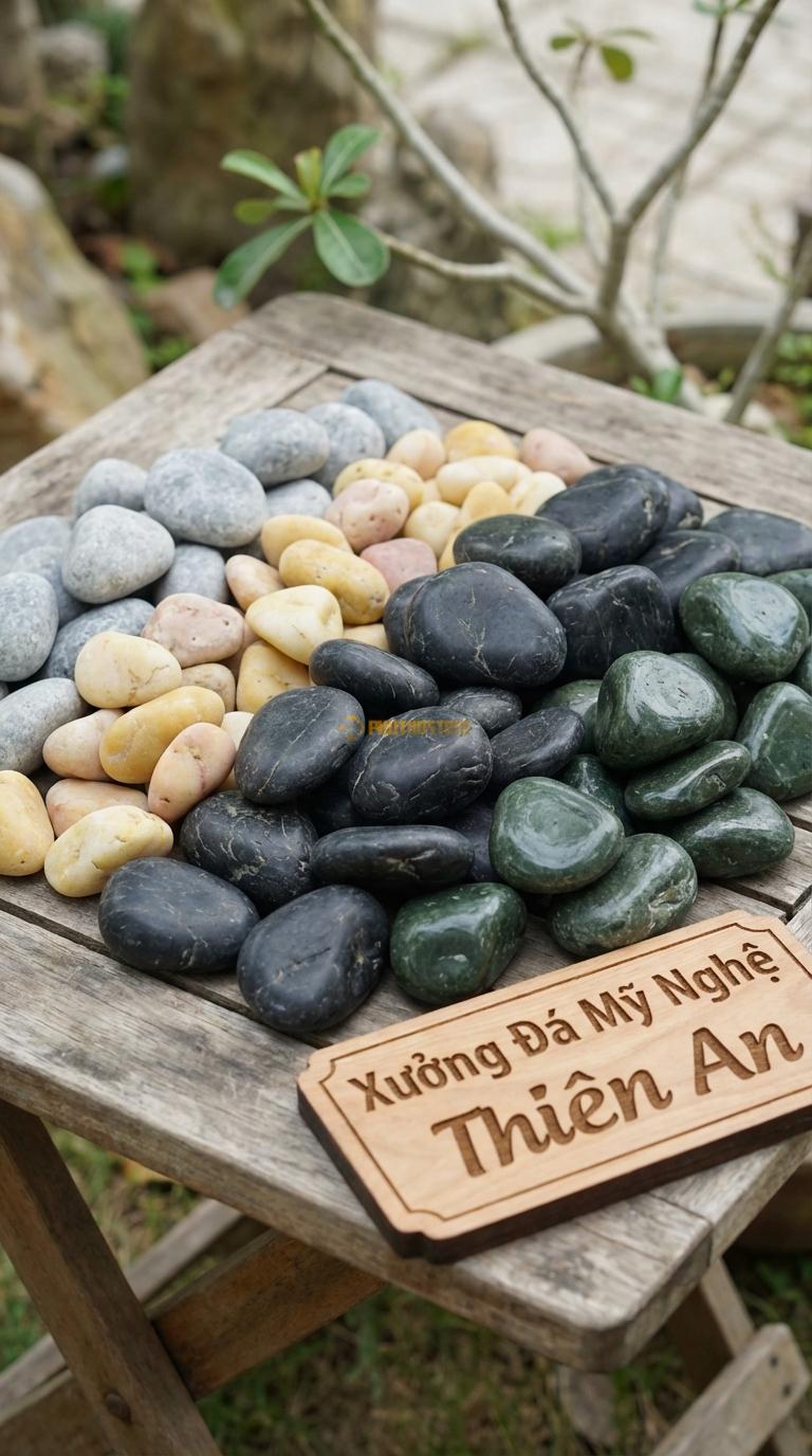 Sỏi Mix 4 loại sỏi đen quay, Xanh rêu, Ghi xám quay, Vàng quay Tỉ lệ (40, 25, 20, 15). Size 3-5cm