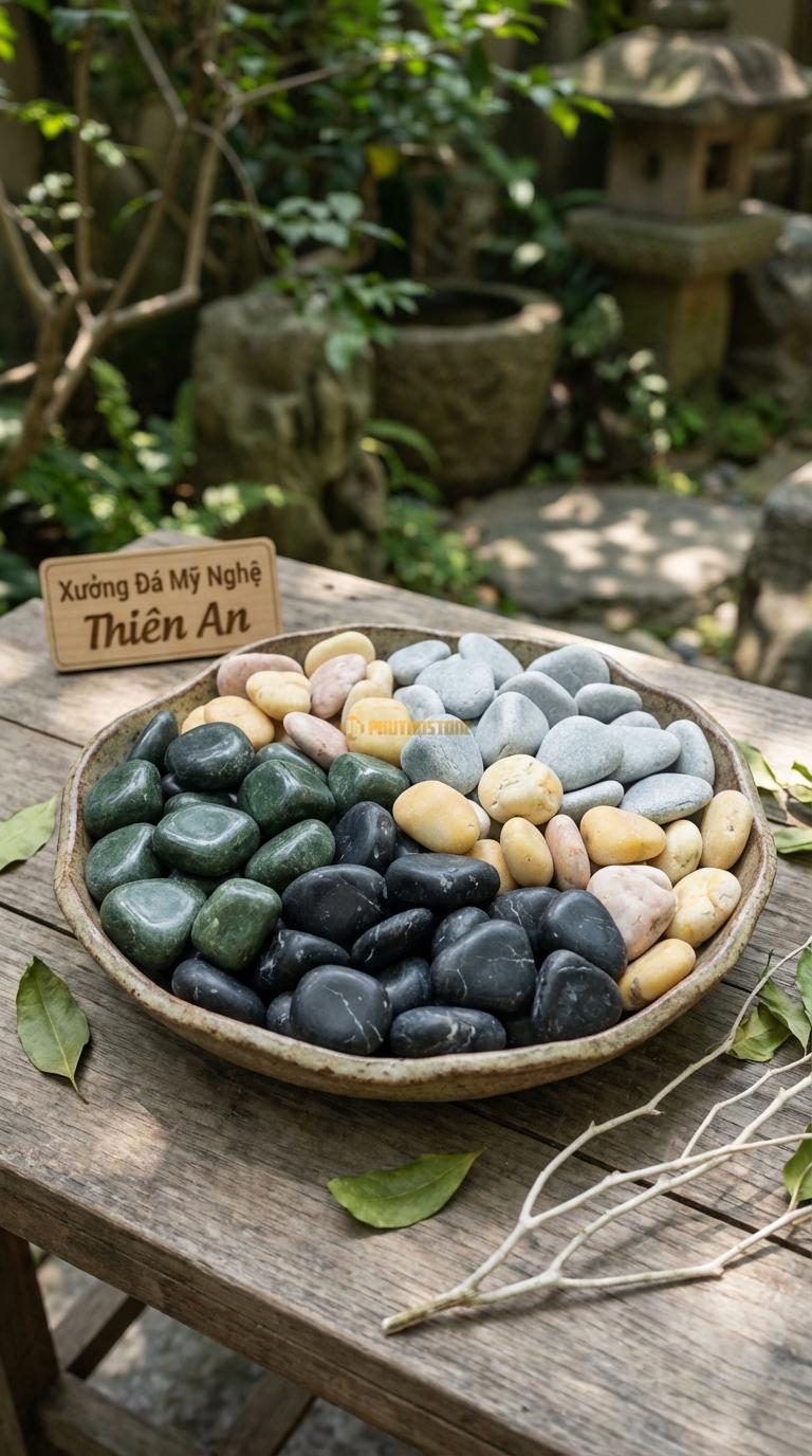 Sỏi Mix 4 loại sỏi đen quay, Xanh rêu, Ghi xám quay, Vàng quay Tỉ lệ (45, 20, 20, 15). Size 3-5cm