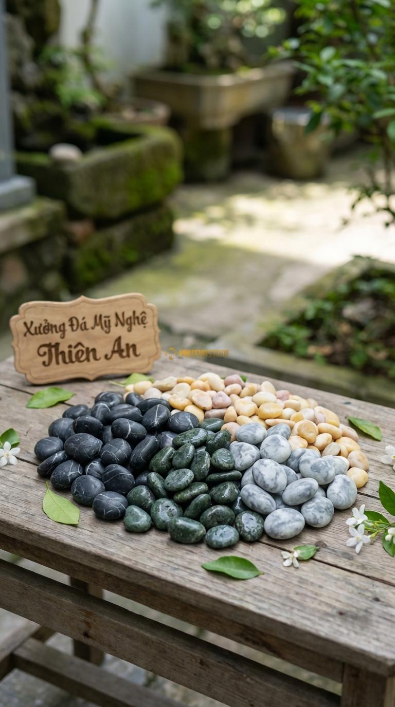 Sỏi Mix 4 loại sỏi đen quay, Xanh rêu, Ghi xám quay, Vàng quay Tỉ lệ (45, 20, 20, 15). Size 7-9mm