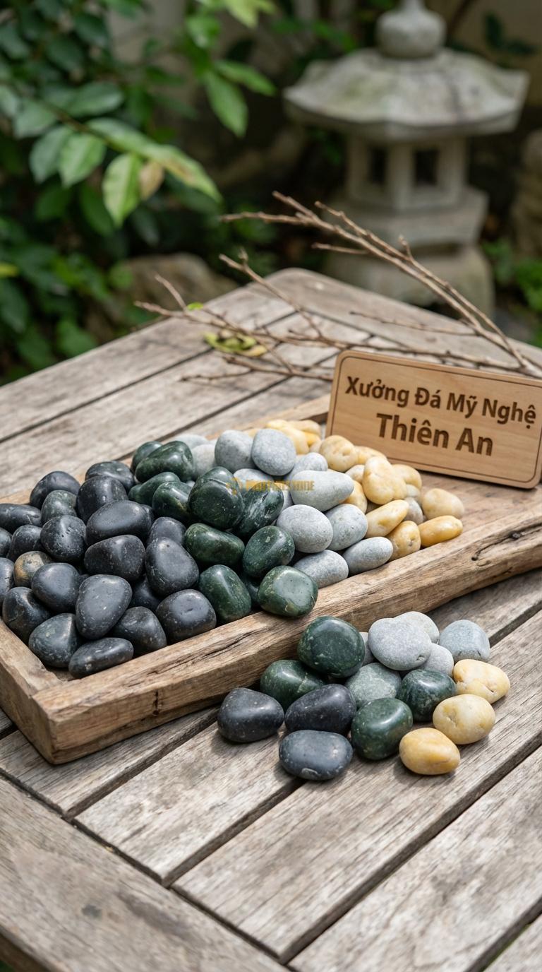 Sỏi Mix 4 loại sỏi đen quay, Xanh rêu, Ghi xám quay, Vàng quay Tỉ lệ (35, 25, 25, 15). Size 1-2cm