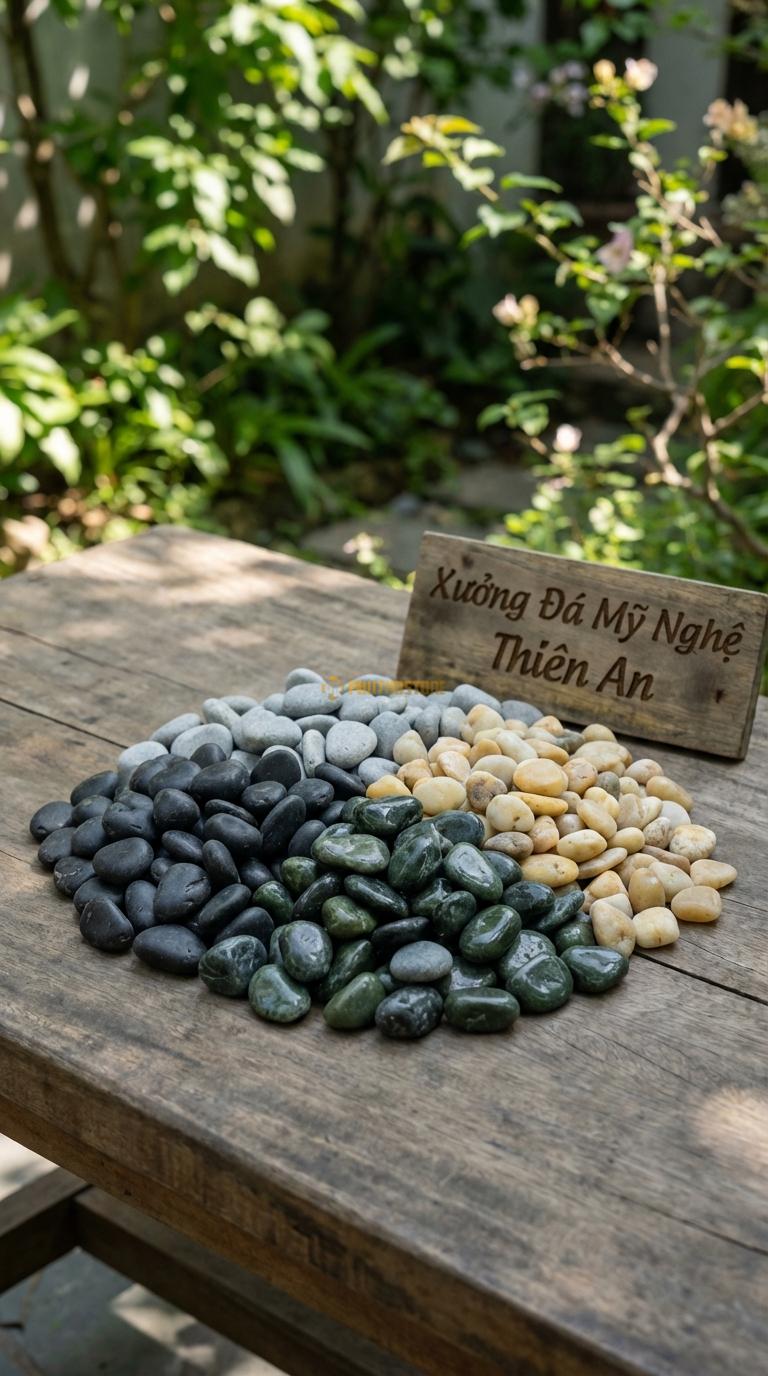 Sỏi Mix 4 loại sỏi đen quay, Xanh rêu, Ghi xám quay, Vàng quay Tỉ lệ (40, 25, 20, 15). Size 1-2cm
