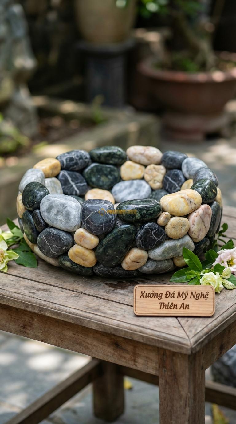 Sỏi Mix 4 loại sỏi đen quay, Xanh rêu, Ghi xám quay, Vàng quay Tỉ lệ (30, 30, 25, 15). Size 1-2cm