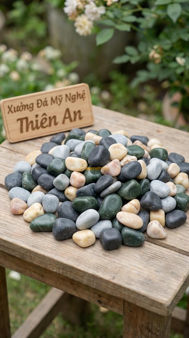 Sỏi Mix 4 loại sỏi đen quay, Xanh rêu, Ghi xám quay, Vàng quay Tỉ lệ (45, 20, 20, 15). Size 1-2cm