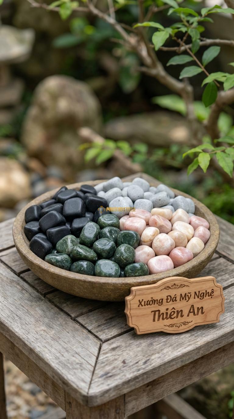 Sỏi Mix 4 loại sỏi đen quay, Xanh rêu, Hồng quay, Ghi xám quay Tỉ lệ (35, 25, 25, 15). Size 3-5cm