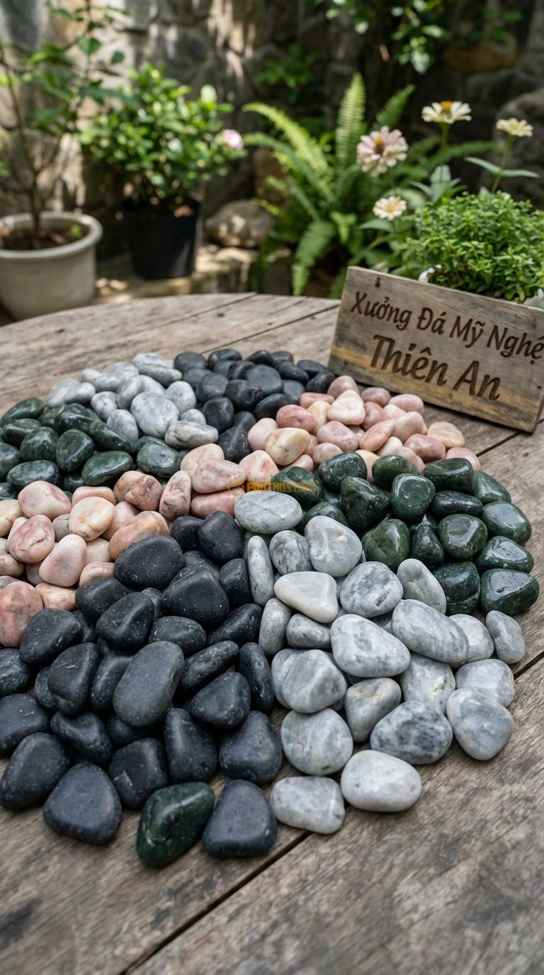 Sỏi Mix 4 loại sỏi đen quay, Xanh rêu, Hồng quay, Ghi xám quay Tỉ lệ (45, 20, 20, 15). Size 3-5cm