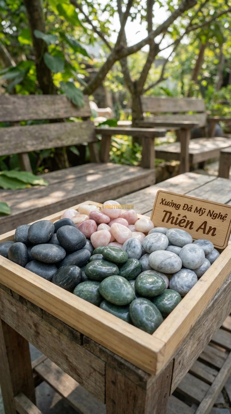 Sỏi Mix 4 loại sỏi đen quay, Xanh rêu, Hồng quay, Ghi xám quay Tỉ lệ (35, 25, 25, 15). Size 2-4cm