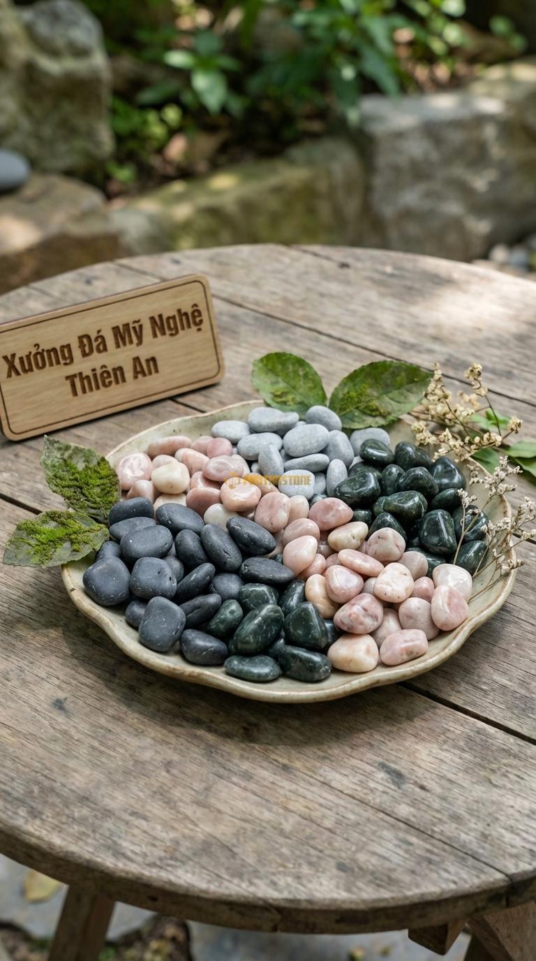 Sỏi Mix 4 loại sỏi đen quay, Xanh rêu, Hồng quay, Ghi xám quay Tỉ lệ (30, 30, 25, 15). Size 7-9mm