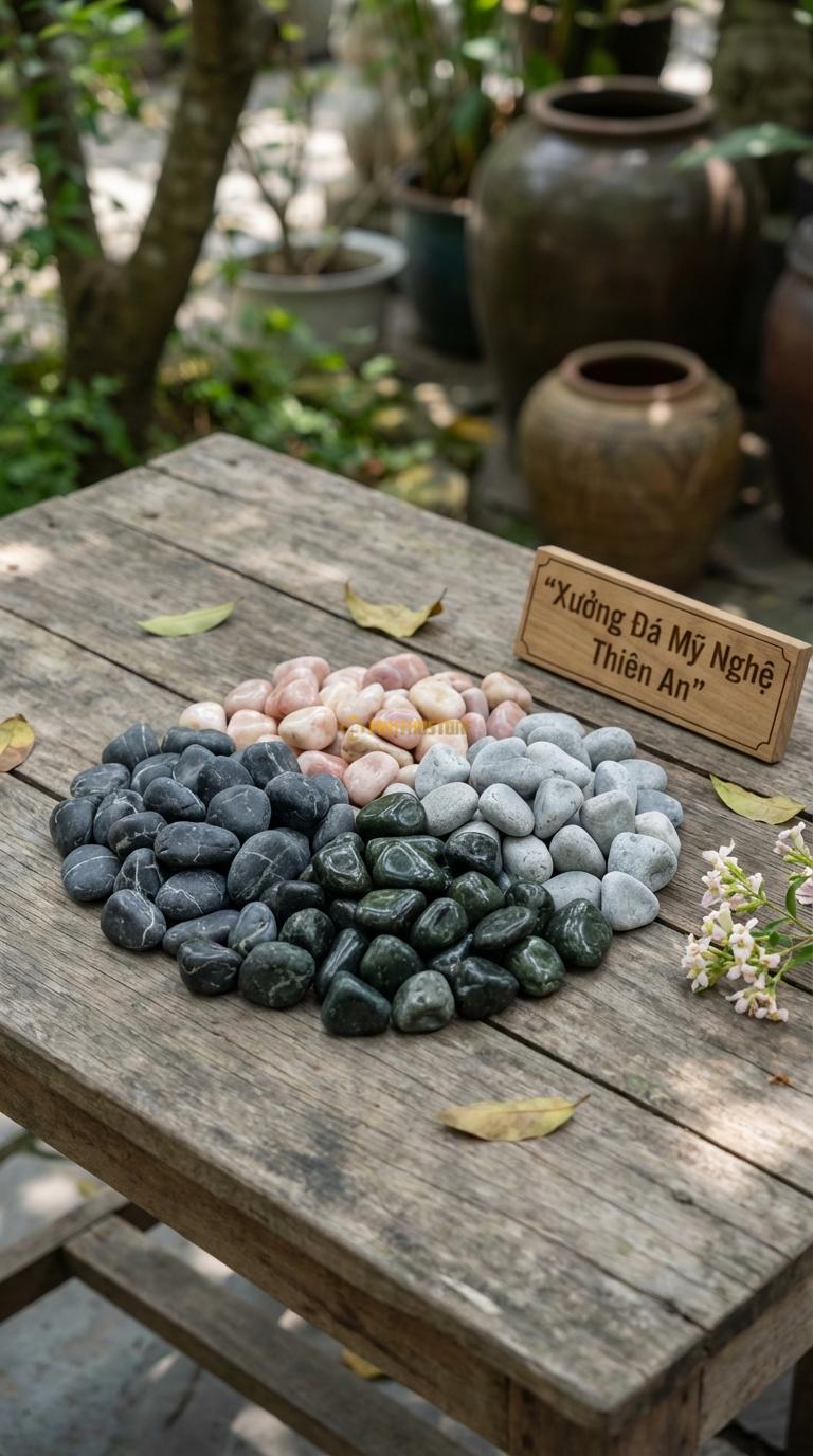 Sỏi Mix 4 loại sỏi đen quay, Xanh rêu, Hồng quay, Ghi xám quay Tỉ lệ (35, 25, 25, 15). Size 1-2cm