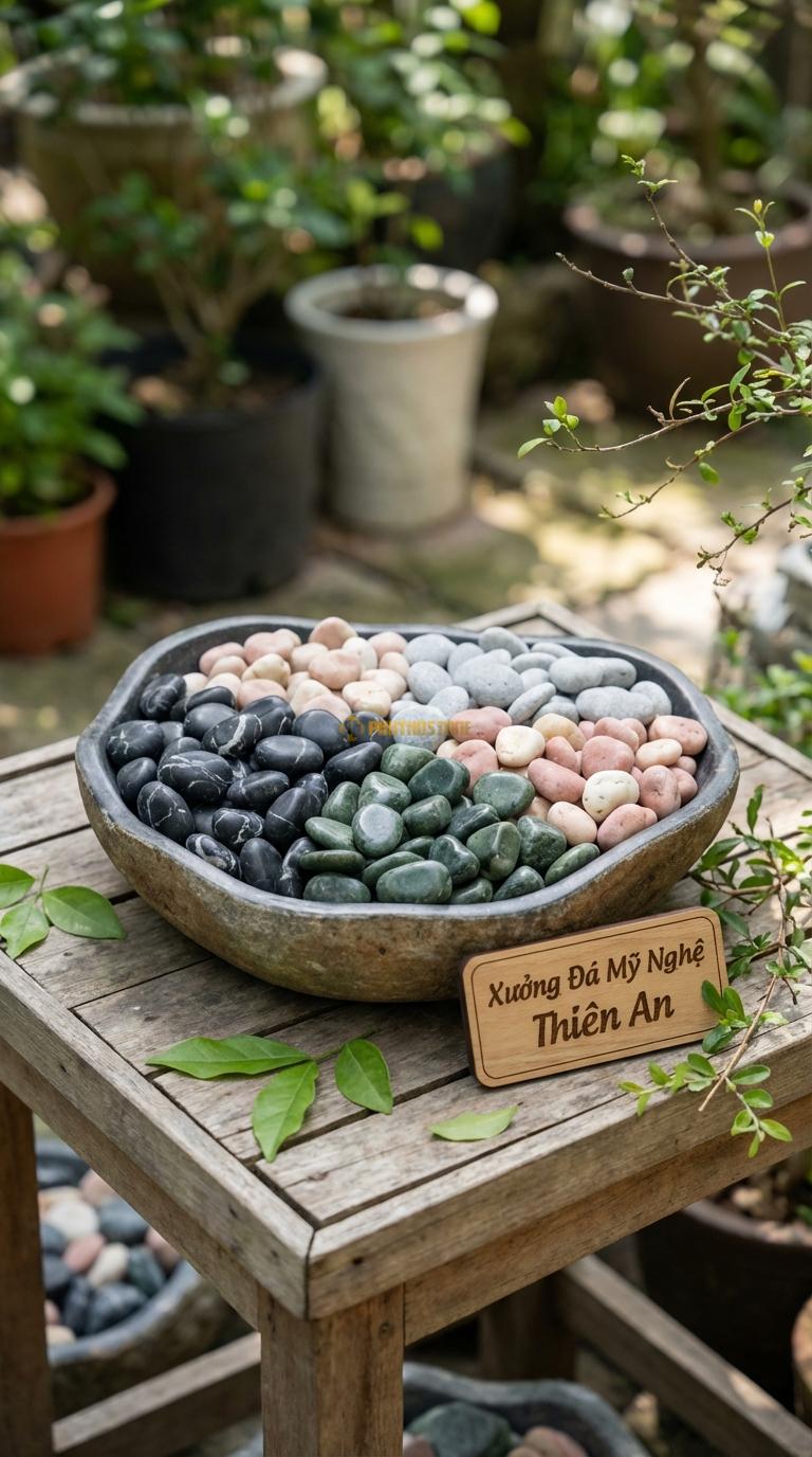 Sỏi Mix 4 loại sỏi đen quay, Xanh rêu, Hồng quay, Ghi xám quay Tỉ lệ (40, 25, 20, 15). Size 1-2cm