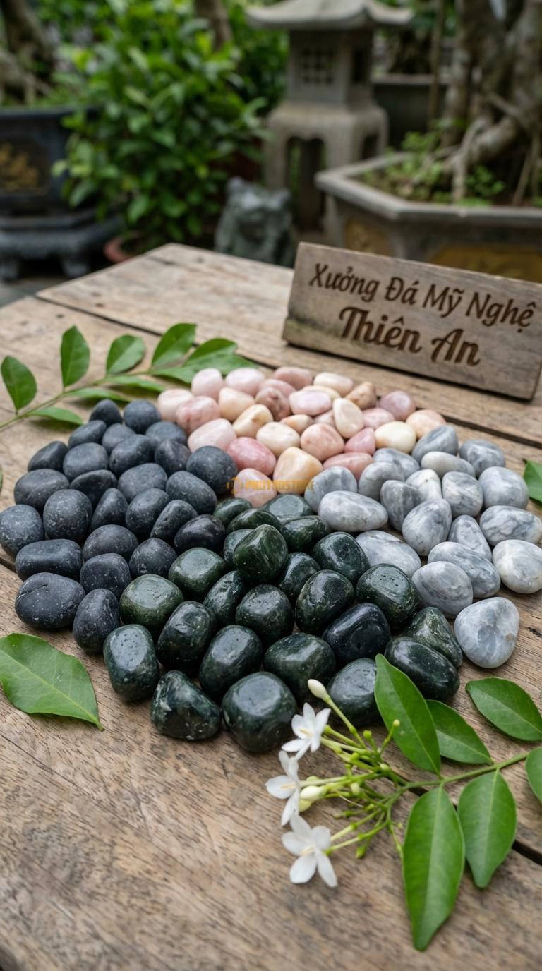 Sỏi Mix 4 loại sỏi đen quay, Xanh rêu, Hồng quay, Ghi xám quay Tỉ lệ (30, 30, 25, 15). Size 1-2cm