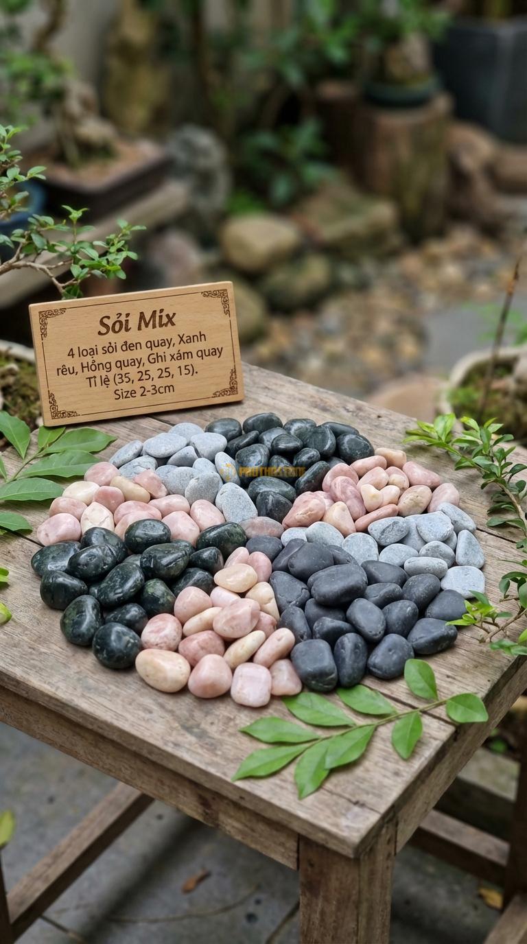 Sỏi Mix 4 loại sỏi đen quay, Xanh rêu, Hồng quay, Ghi xám quay Tỉ lệ (35, 25, 25, 15). Size 2-3cm