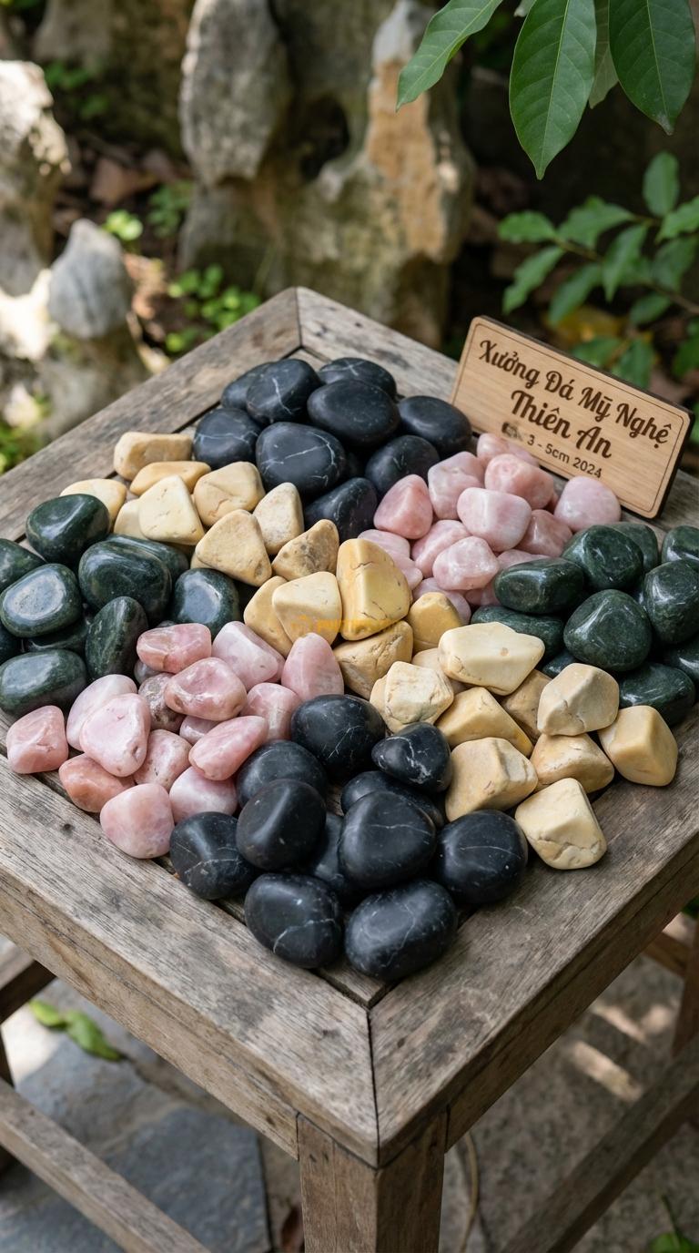 Sỏi Mix 4 loại sỏi đen quay, Xanh rêu, Hồng quay, Vàng quay Tỉ lệ (35, 25, 25, 15). Size 3-5cm