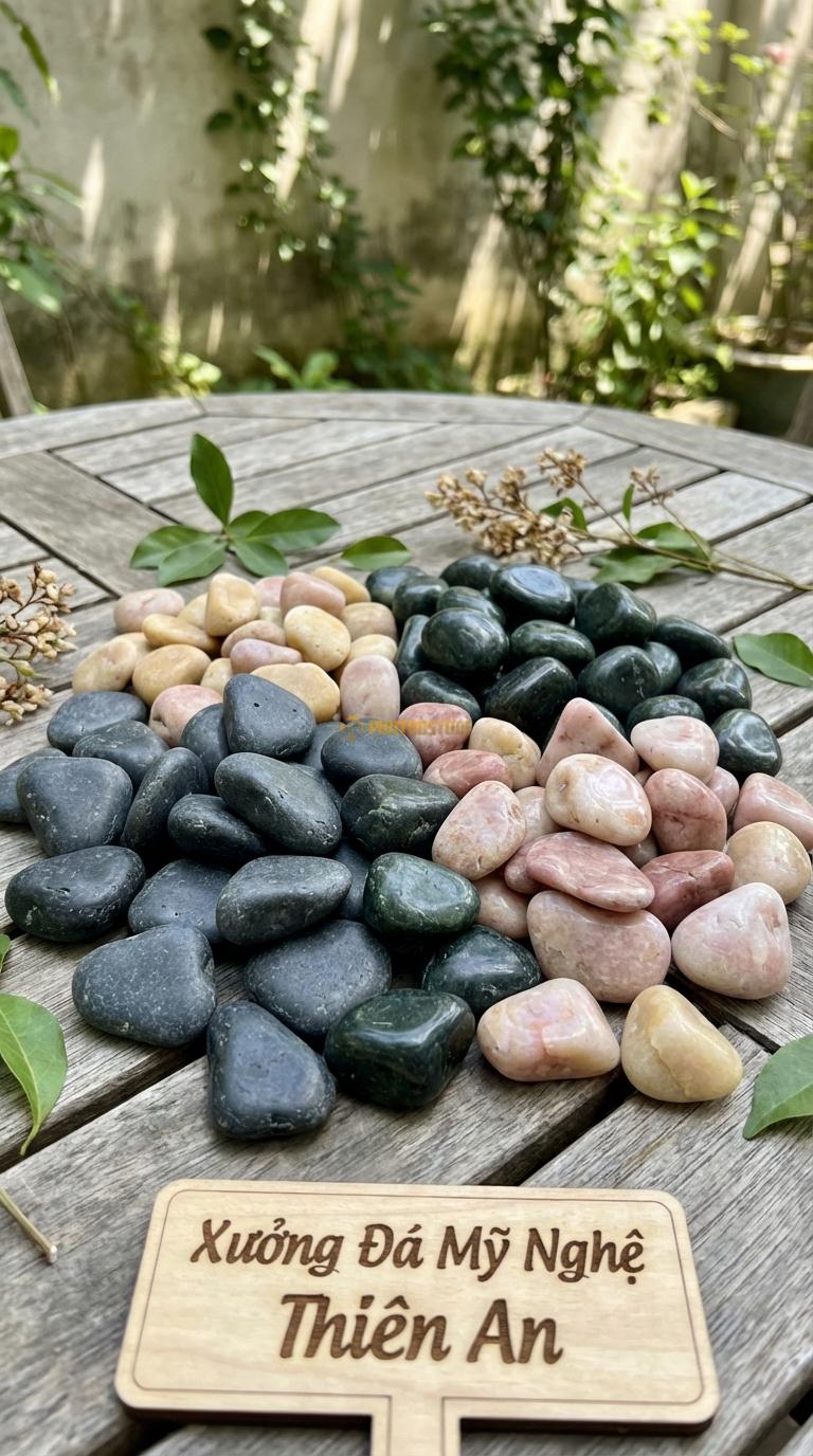Sỏi Mix 4 loại sỏi đen quay, Xanh rêu, Hồng quay, Vàng quay Tỉ lệ (40, 25, 20, 15). Size 3-5cm