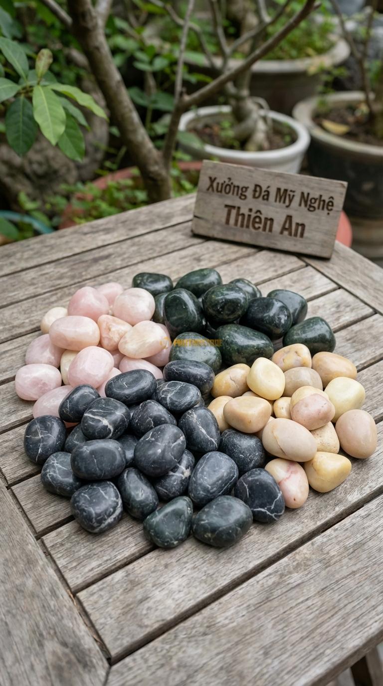 Sỏi Mix 4 loại sỏi đen quay, Xanh rêu, Hồng quay, Vàng quay Tỉ lệ (45, 20, 20, 15). Size 3-5cm
