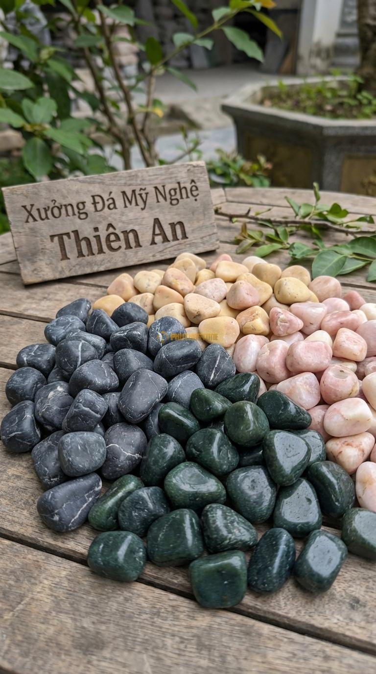 Sỏi Mix 4 loại sỏi đen quay, Xanh rêu, Hồng quay, Vàng quay Tỉ lệ (40, 25, 20, 15). Size 2-4cm