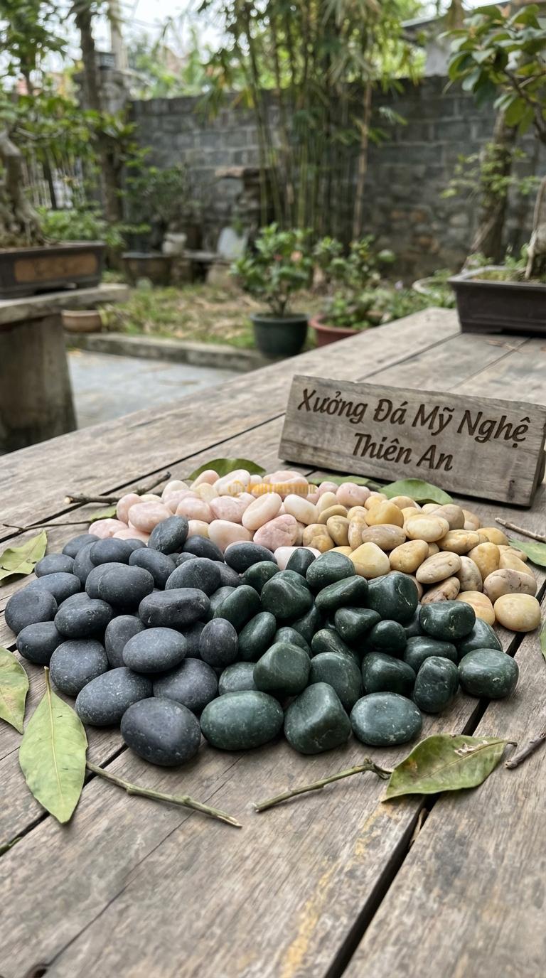 Sỏi Mix 4 loại sỏi đen quay, Xanh rêu, Hồng quay, Vàng quay Tỉ lệ (30, 30, 25, 15). Size 2-4cm