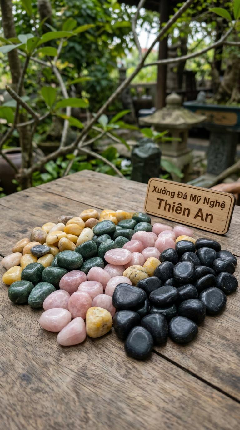 Sỏi Mix 4 loại sỏi đen quay, Xanh rêu, Hồng quay, Vàng quay Tỉ lệ (35, 25, 25, 15). Size 1-2cm