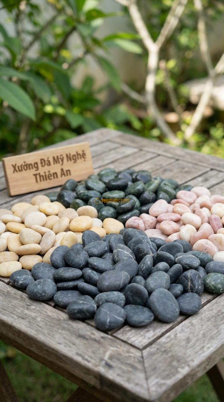 Sỏi Mix 4 loại sỏi đen quay, Xanh rêu, Hồng quay, Vàng quay Tỉ lệ (40, 25, 20, 15). Size 1-2cm