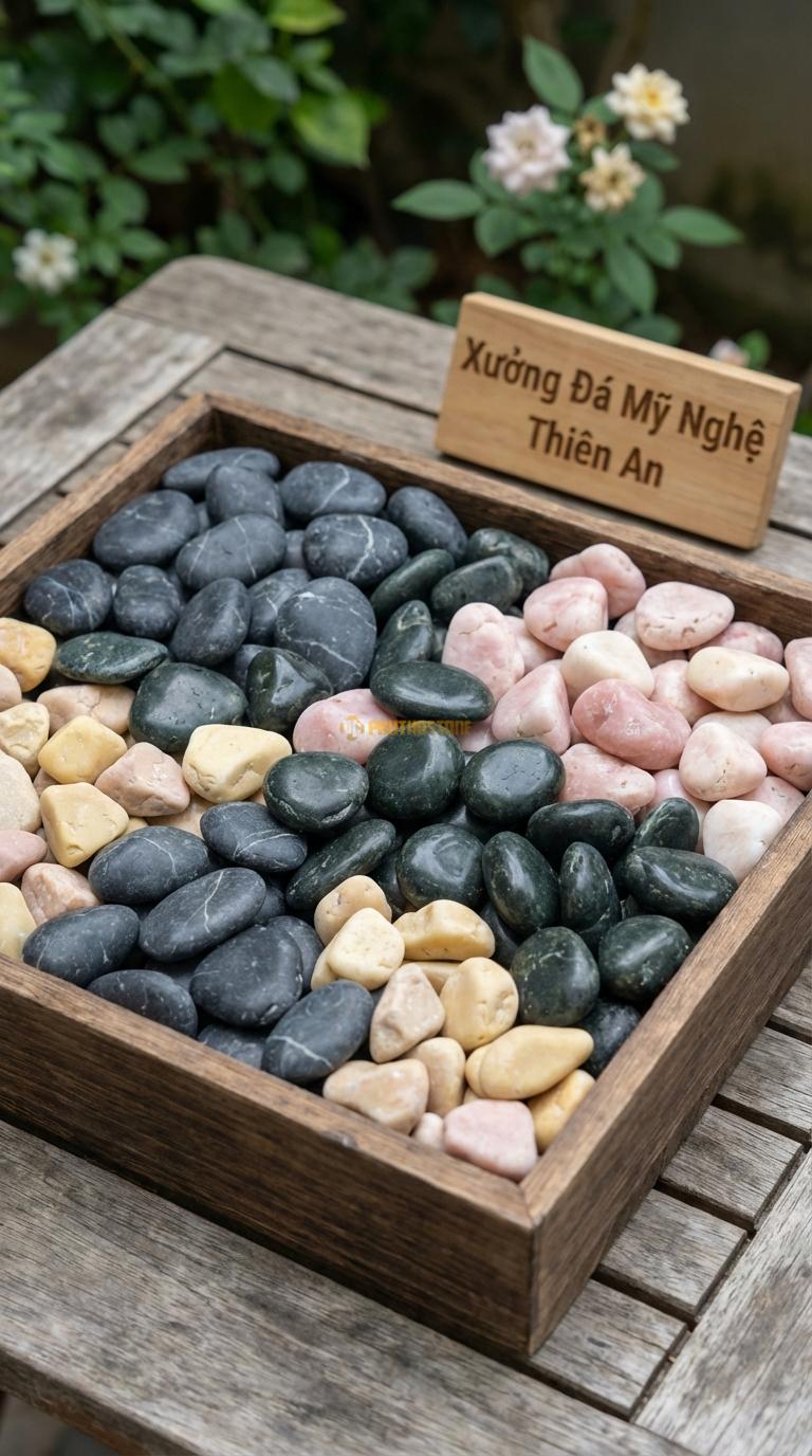 Sỏi Mix 4 loại sỏi đen quay, Xanh rêu, Hồng quay, Vàng quay Tỉ lệ (30, 30, 25, 15). Size 1-2cm
