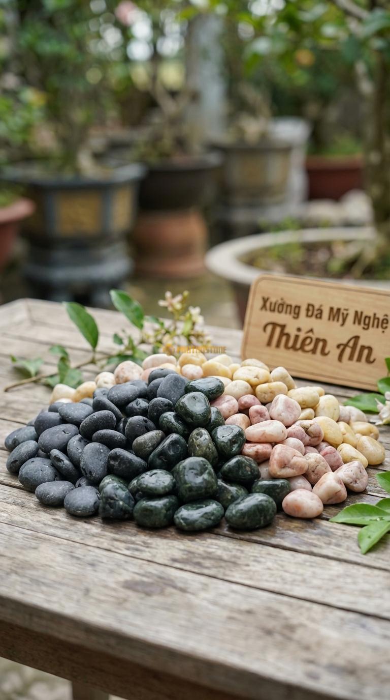 Sỏi Mix 4 loại sỏi đen quay, Xanh rêu, Hồng quay, Vàng quay Tỉ lệ (45, 20, 20, 15). Size 1-2cm