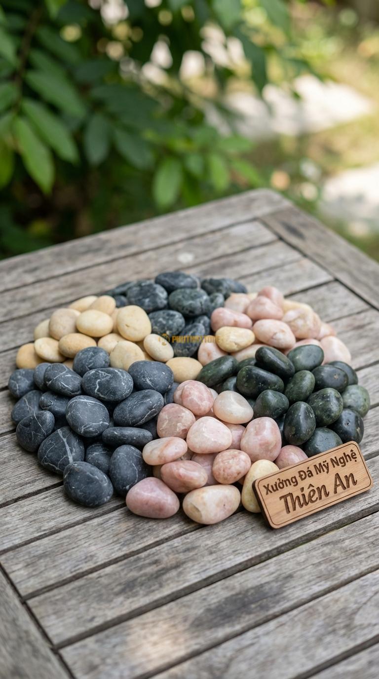 Sỏi Mix 4 loại sỏi đen quay, Xanh rêu, Hồng quay, Vàng quay Tỉ lệ (35, 25, 25, 15). Size 2-3cm