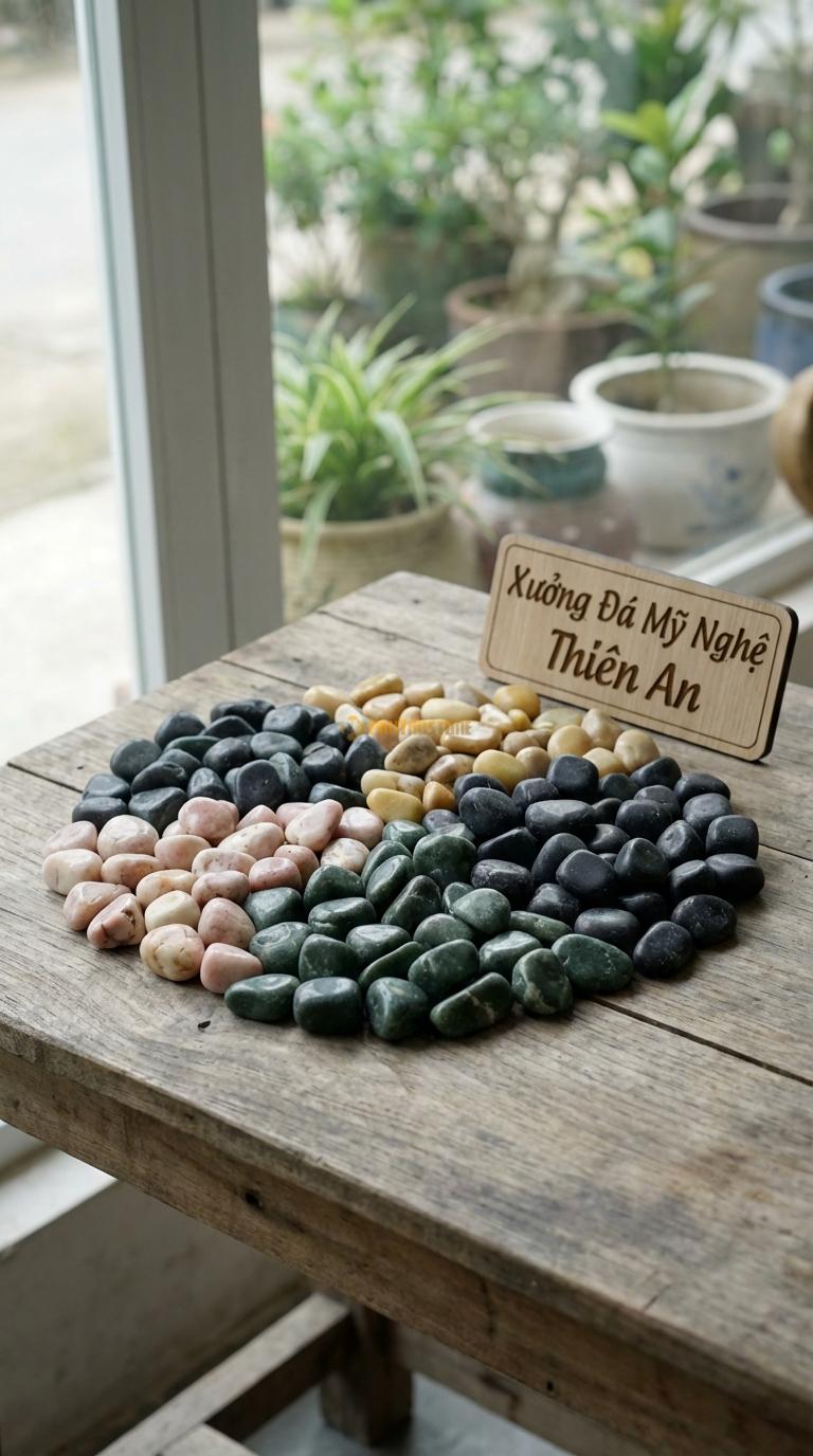 Sỏi Mix 4 loại sỏi đen quay, Xanh rêu, Hồng quay, Vàng quay Tỉ lệ (40, 25, 20, 15). Size 2-3cm