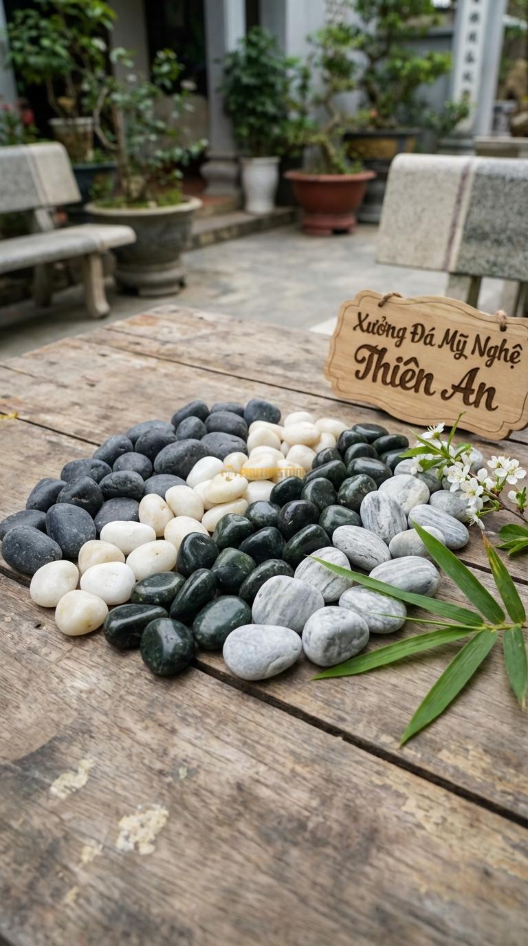 Sỏi Mix 4 loại sỏi đen quay, Xanh rêu, Trắng quay, Ghi xám quay Tỉ lệ (40, 25, 20, 15). Size 3-5cm