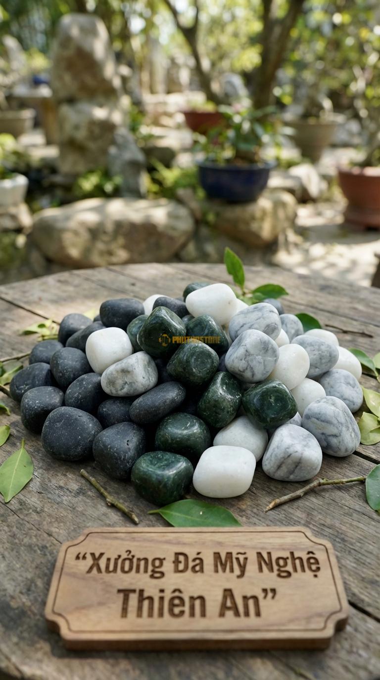Sỏi Mix 4 loại sỏi đen quay, Xanh rêu, Trắng quay, Ghi xám quay Tỉ lệ (45, 20, 20, 15). Size 3-5cm