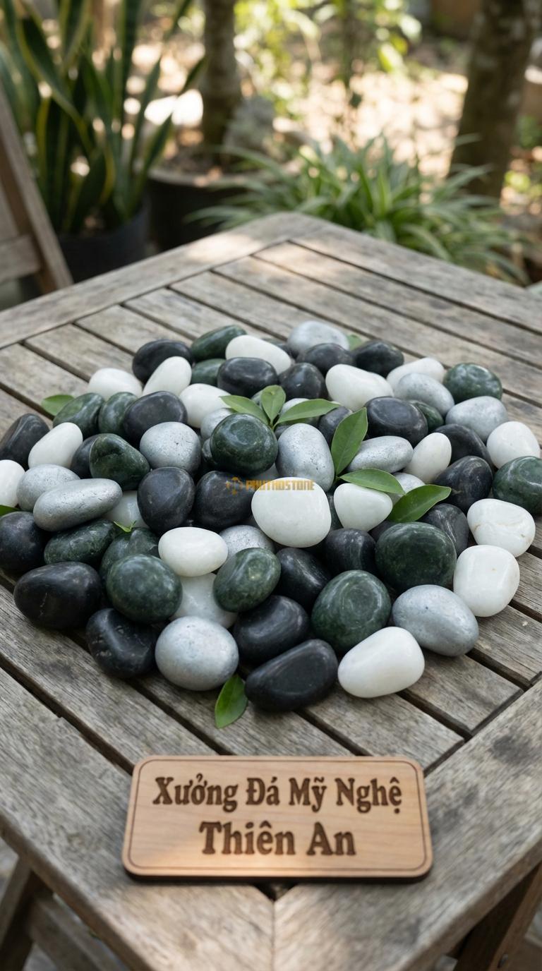 Sỏi Mix 4 loại sỏi đen quay, Xanh rêu, Trắng quay, Ghi xám quay Tỉ lệ (35, 25, 25, 15). Size 2-4cm
