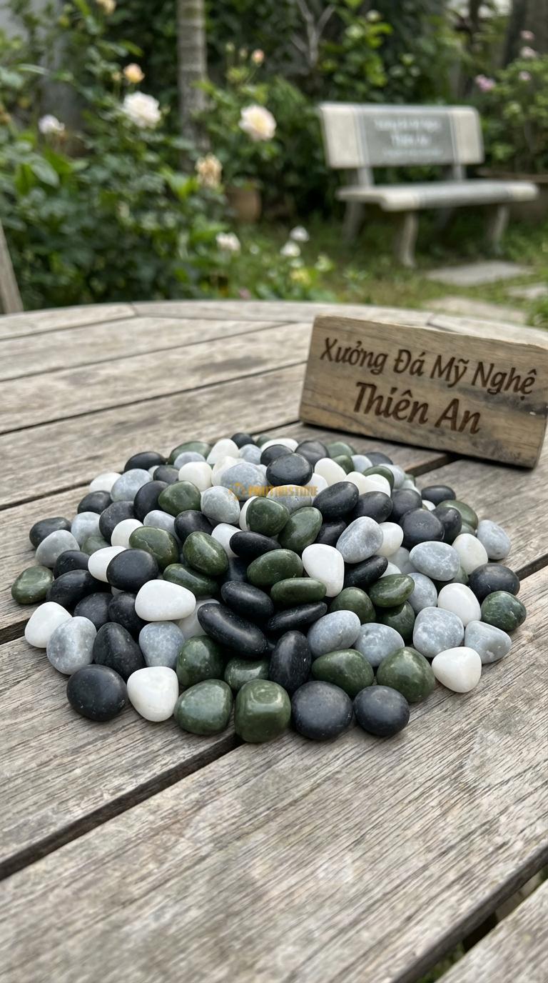 Sỏi Mix 4 loại sỏi đen quay, Xanh rêu, Trắng quay, Ghi xám quay Tỉ lệ (35, 25, 25, 15). Size 3-5mm