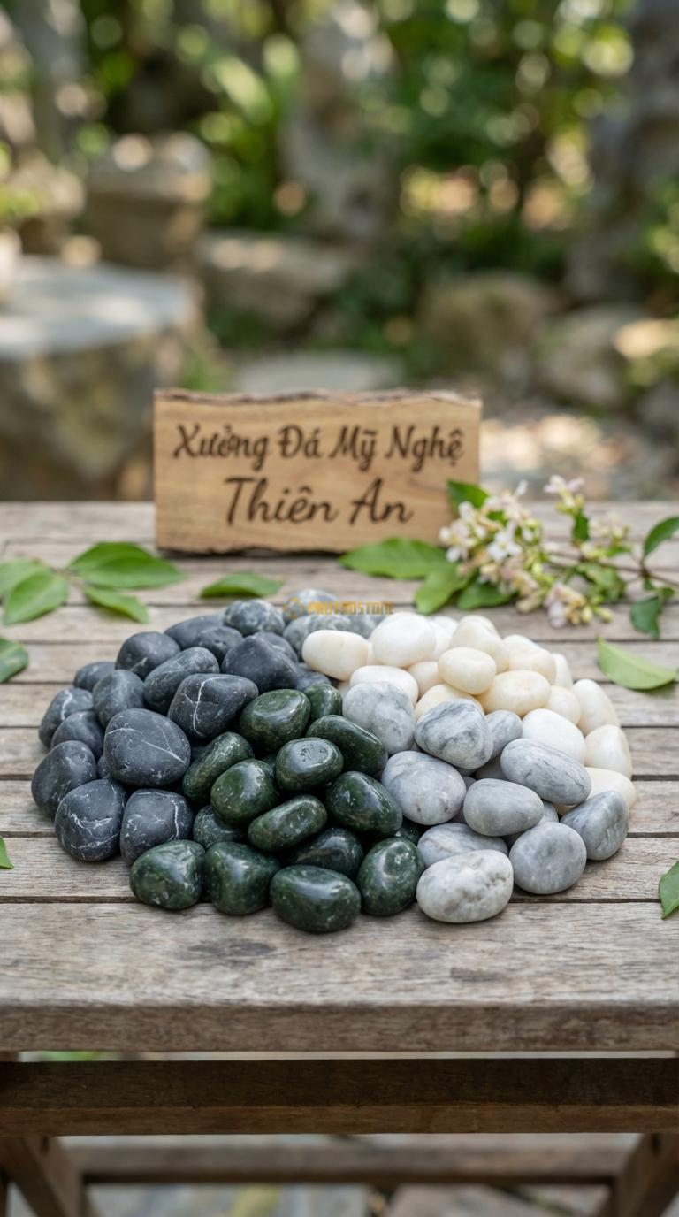 Sỏi Mix 4 loại sỏi đen quay, Xanh rêu, Trắng quay, Ghi xám quay Tỉ lệ (35, 25, 25, 15). Size 7-9mm