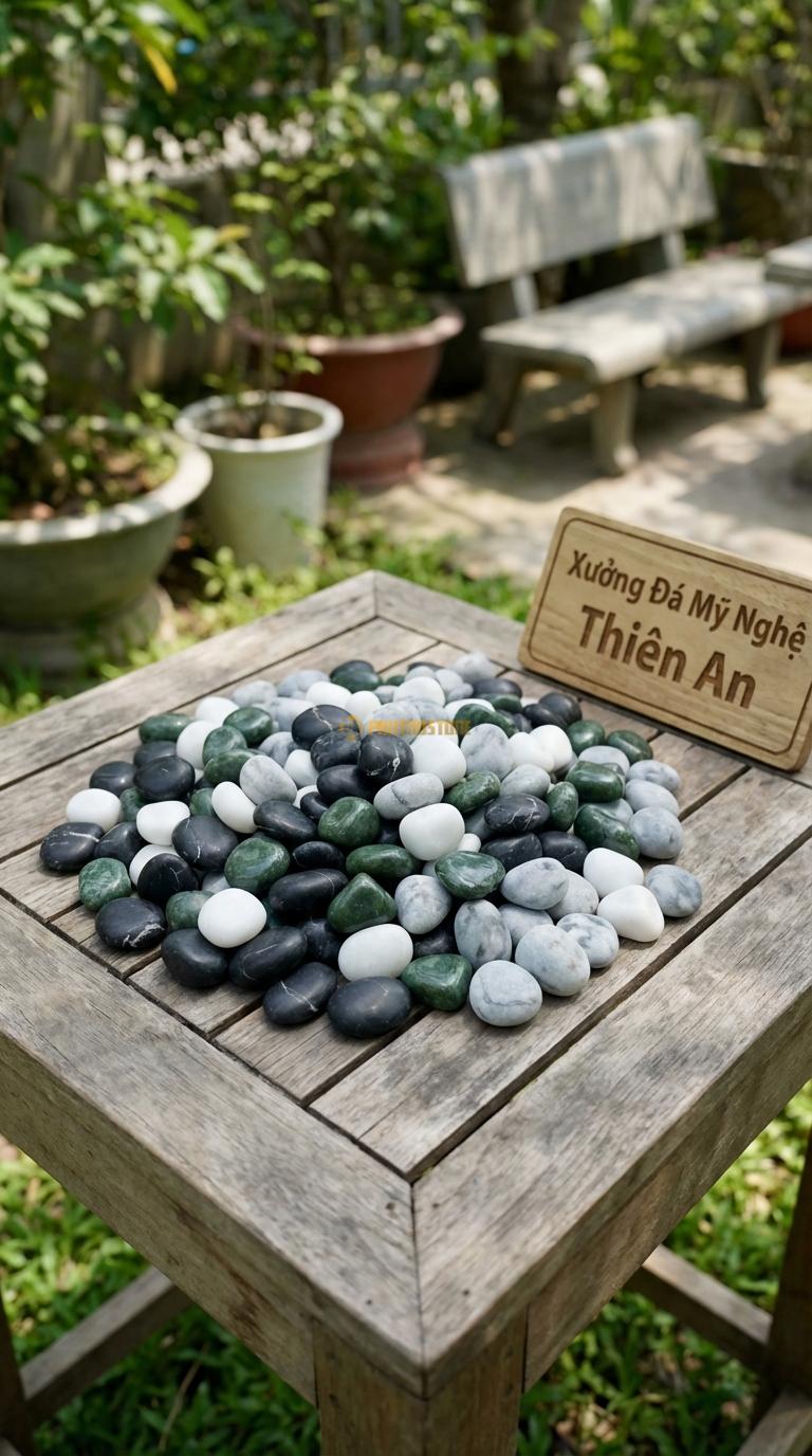 Sỏi Mix 4 loại sỏi đen quay, Xanh rêu, Trắng quay, Ghi xám quay Tỉ lệ (30, 30, 25, 15). Size 7-9mm