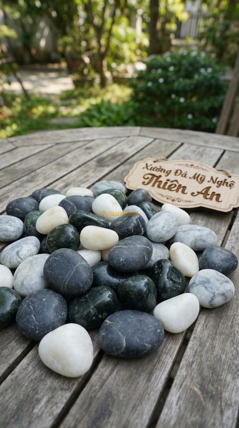 Sỏi Mix 4 loại sỏi đen quay, Xanh rêu, Trắng quay, Ghi xám quay Tỉ lệ (35, 25, 25, 15). Size 1-2cm