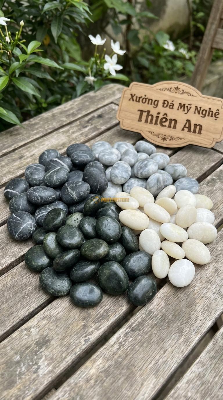 Sỏi Mix 4 loại sỏi đen quay, Xanh rêu, Trắng quay, Ghi xám quay Tỉ lệ (30, 30, 25, 15). Size 1-2cm