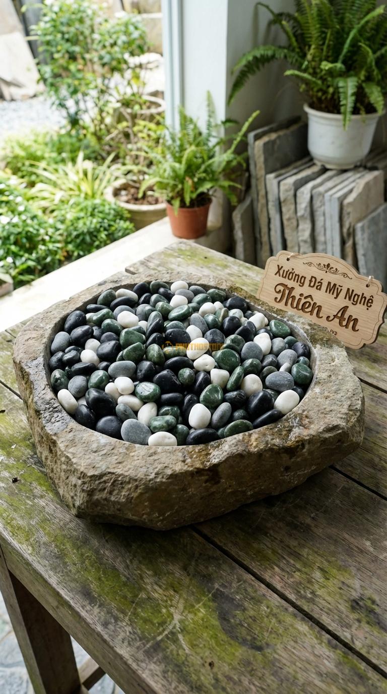 Sỏi Mix 4 loại sỏi đen quay, Xanh rêu, Trắng quay, Ghi xám quay Tỉ lệ (45, 20, 20, 15). Size 1-2cm