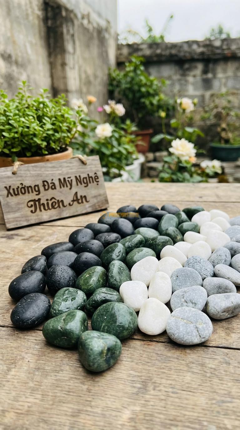 Sỏi Mix 4 loại sỏi đen quay, Xanh rêu, Trắng quay, Ghi xám quay Tỉ lệ (35, 25, 25, 15). Size 2-3cm