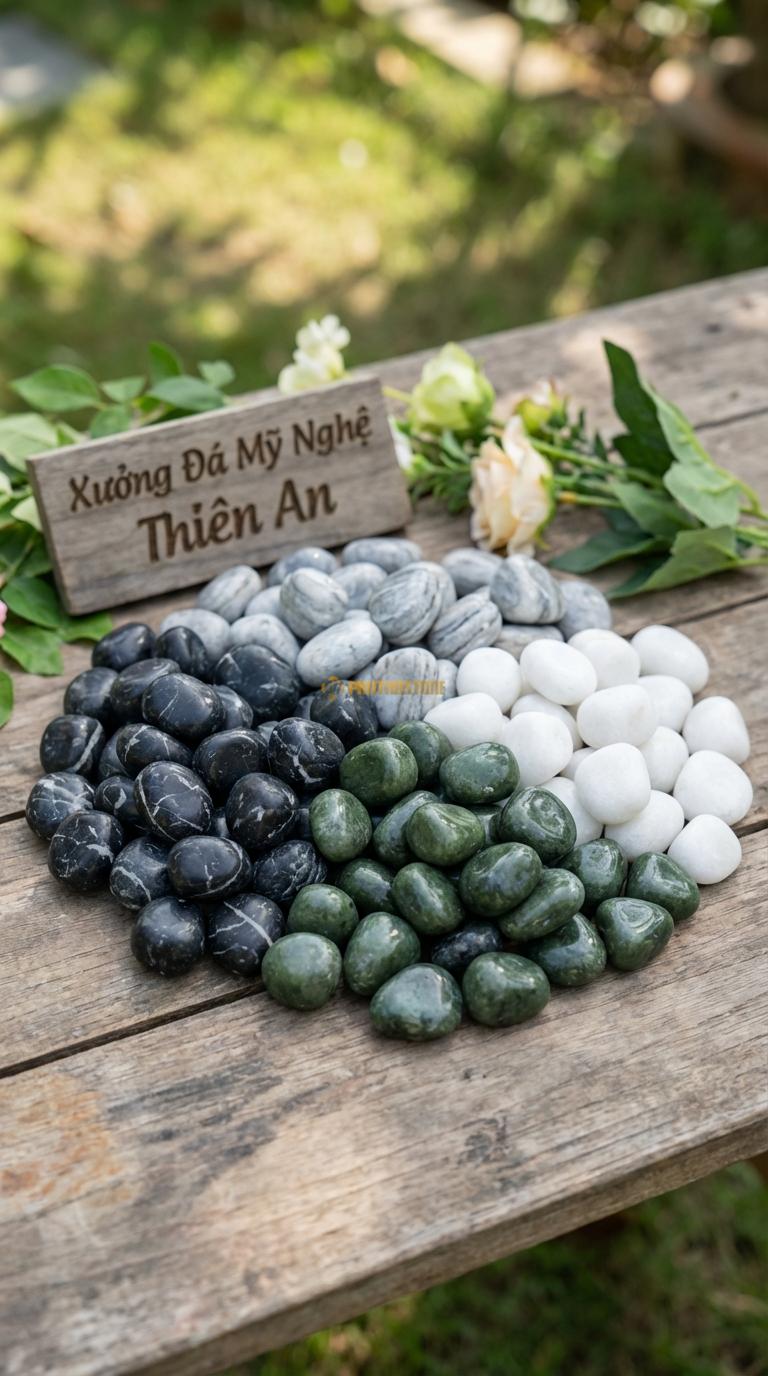 Sỏi Mix 4 loại sỏi đen quay, Xanh rêu, Trắng quay, Ghi xám quay Tỉ lệ (40, 25, 20, 15). Size 2-3cm