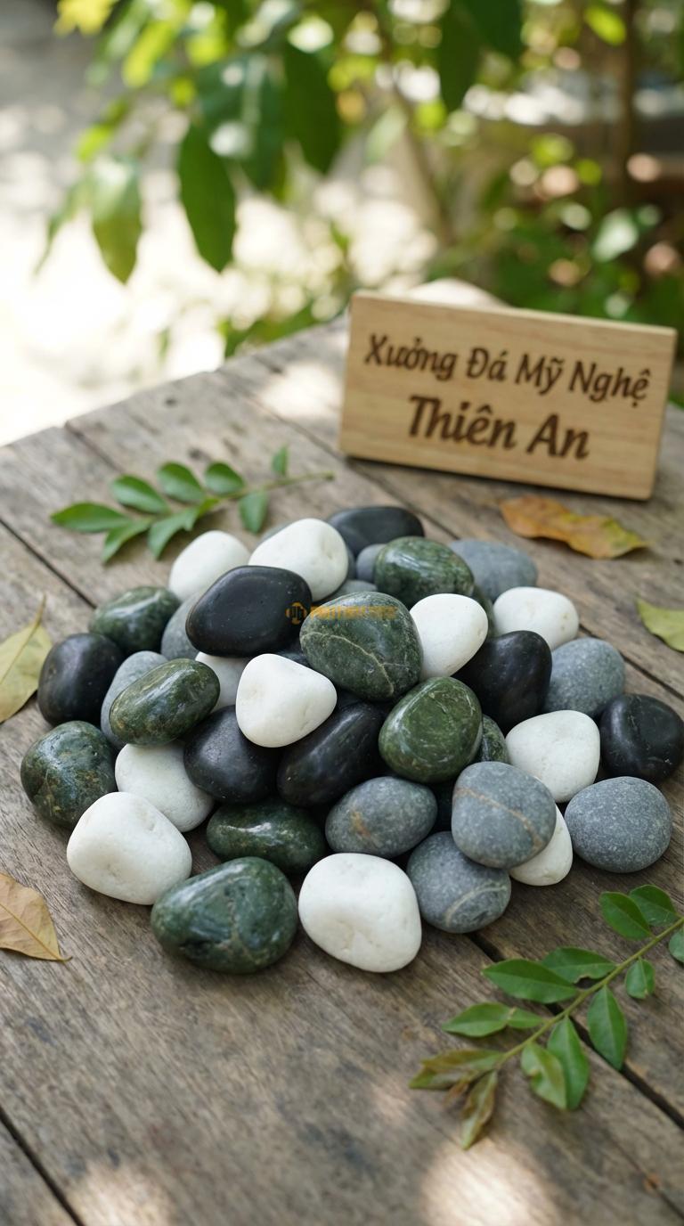 Sỏi Mix 4 loại sỏi đen quay, Xanh rêu, Trắng quay, Ghi xám quay Tỉ lệ (30, 30, 25, 15). Size 2-3cm