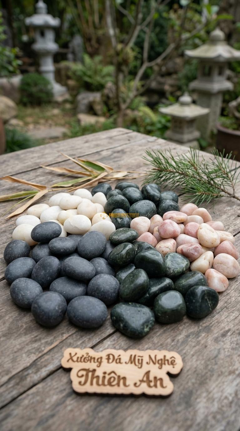 Sỏi Mix 4 loại sỏi đen quay, Xanh rêu, Trắng quay, Hồng quay Tỉ lệ (40, 25, 20, 15). Size 3-5cm