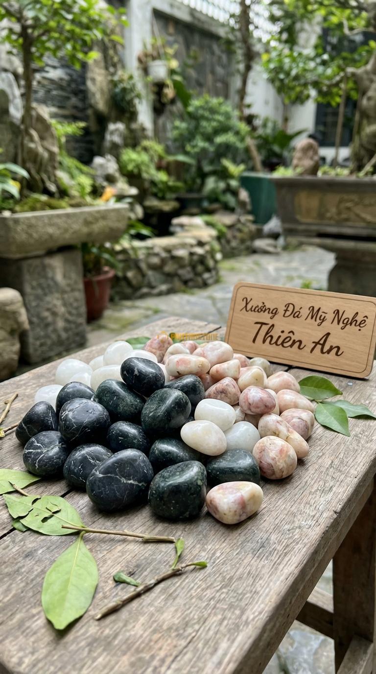 Sỏi Mix 4 loại sỏi đen quay, Xanh rêu, Trắng quay, Hồng quay Tỉ lệ (35, 25, 25, 15). Size 2-4cm