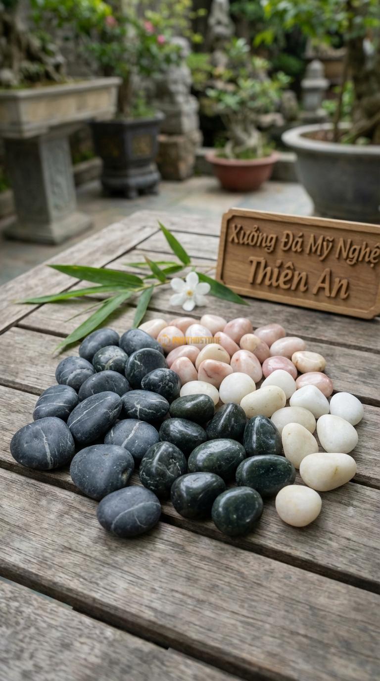 Sỏi Mix 4 loại sỏi đen quay, Xanh rêu, Trắng quay, Hồng quay Tỉ lệ (35, 25, 25, 15). Size 3-5mm