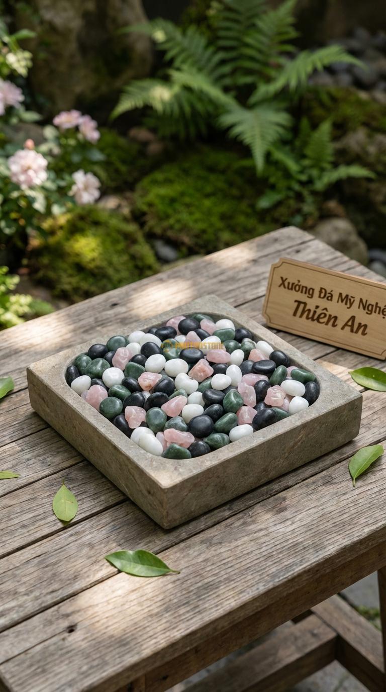 Sỏi Mix 4 loại sỏi đen quay, Xanh rêu, Trắng quay, Hồng quay Tỉ lệ (30, 30, 25, 15). Size 3-5mm