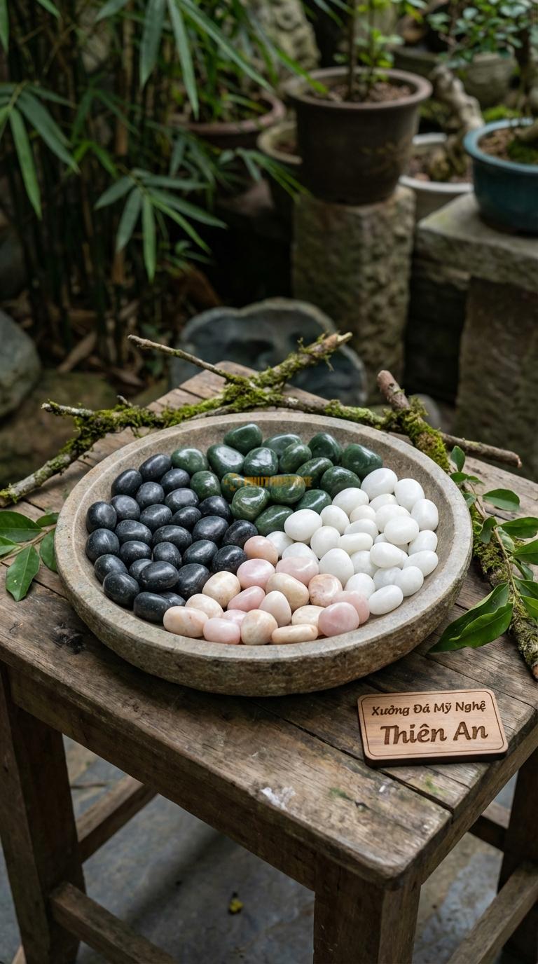 Sỏi Mix 4 loại sỏi đen quay, Xanh rêu, Trắng quay, Hồng quay Tỉ lệ (35, 25, 25, 15). Size 7-9mm