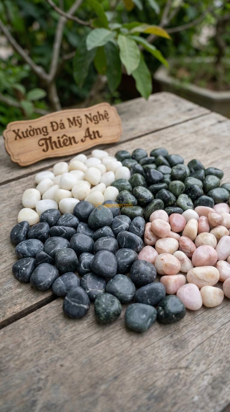Sỏi Mix 4 loại sỏi đen quay, Xanh rêu, Trắng quay, Hồng quay Tỉ lệ (40, 25, 20, 15). Size 7-9mm