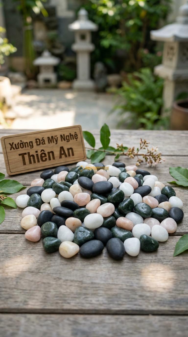Sỏi Mix 4 loại sỏi đen quay, Xanh rêu, Trắng quay, Hồng quay Tỉ lệ (35, 25, 25, 15). Size 1-2cm